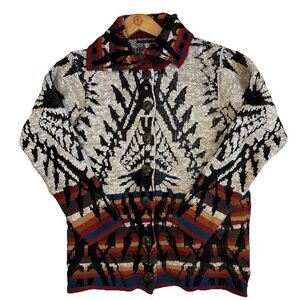Aztec Tribal Cardigan 1/S Southwestern‎ Wooden Buttons Cabincore Sweater Casual